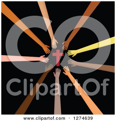 Clipart of a Circle of Diverse Hands Reaching out to the Savior Cross on Black - Royalty Free Illustration by Prawny