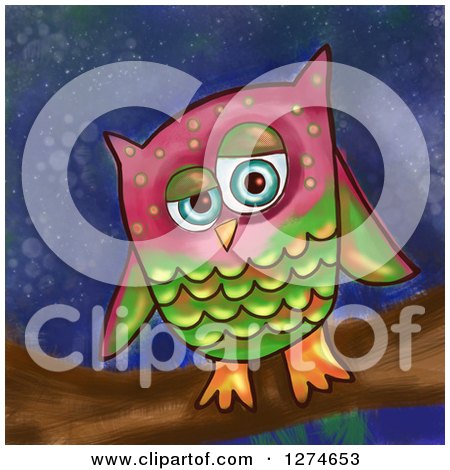 Clipart of a Painted Owl on a Branch over a Night Sky - Royalty Free Illustration by Prawny