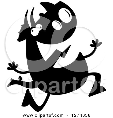 Clipart of a Black and White Silhouetted Triceratops Dinosaur Running Crazy - Royalty Free Vector Illustration by Cory Thoman