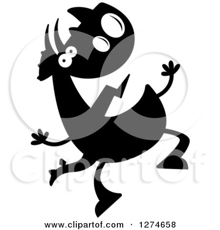 Clipart of a Black and White Silhouetted Happy Triceratops Dinosaur Jumping - Royalty Free Vector Illustration by Cory Thoman