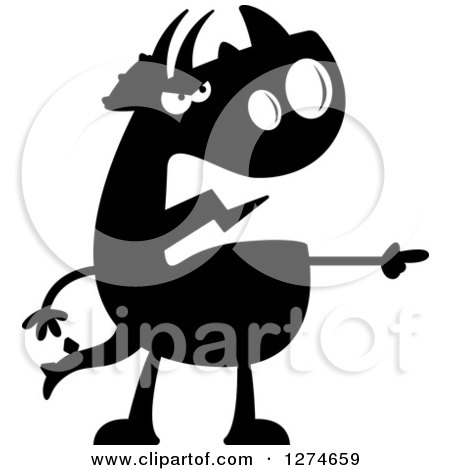 Clipart of a Black and White Silhouetted Mad Triceratops Dinosaur Pointing - Royalty Free Vector Illustration by Cory Thoman