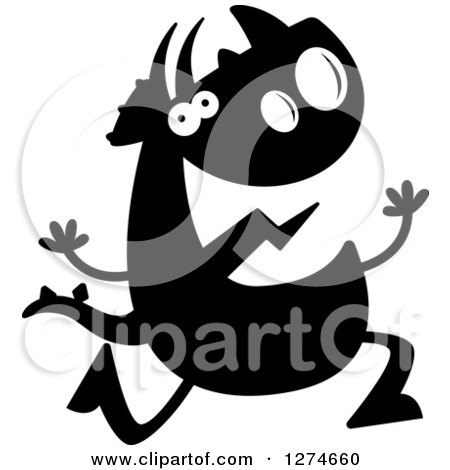 Clipart of a Black and White Silhouetted Triceratops Dinosaur Running - Royalty Free Vector Illustration by Cory Thoman