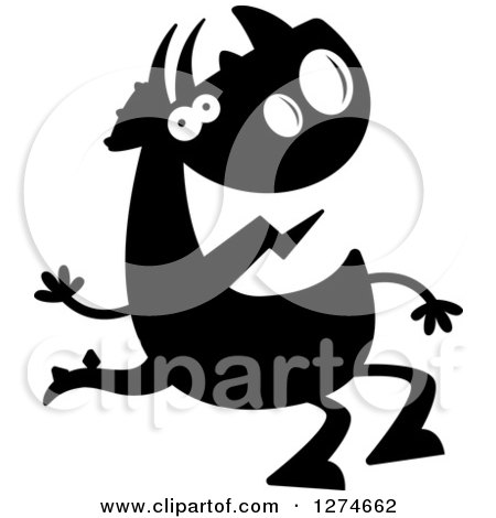 Clipart of a Black and White Silhouetted Triceratops Dinosaur Sitting and Waving - Royalty Free Vector Illustration by Cory Thoman