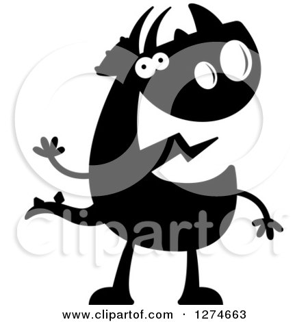 Clipart of a Black and White Silhouetted Triceratops Dinosaur Waving - Royalty Free Vector Illustration by Cory Thoman