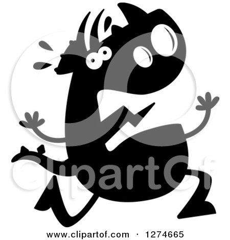 Clipart of a Black and White Silhouetted Triceratops Dinosaur Running Scared - Royalty Free Vector Illustration by Cory Thoman