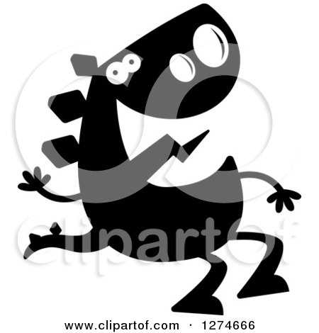 Clipart of a Black and White Silhouetted Stegosaurus Dinosaur Sitting and Waving - Royalty Free Vector Illustration by Cory Thoman
