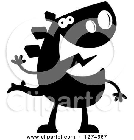 Clipart of a Black and White Silhouetted Stegosaurus Dinosaur Waving - Royalty Free Vector Illustration by Cory Thoman