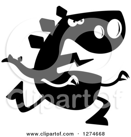Clipart of a Black and White Silhouetted Stegosaurus Dinosaur Chasing - Royalty Free Vector Illustration by Cory Thoman