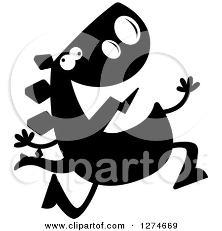 Clipart of a Black and White Silhouetted Stegosaurus Dinosaur Running Crazy - Royalty Free Vector Illustration by Cory Thoman