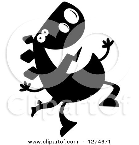 Clipart of a Black and White Silhouetted Happy Stegosaurus Dinosaur Jumping - Royalty Free Vector Illustration by Cory Thoman