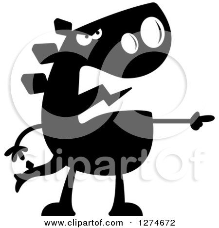 Clipart of a Black and White Silhouetted Mad Stegosaurus Dinosaur Pointing - Royalty Free Vector Illustration by Cory Thoman