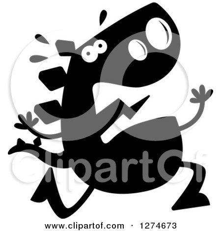 Clipart of a Black and White Silhouetted Stegosaurus Dinosaur Running Scared - Royalty Free Vector Illustration by Cory Thoman
