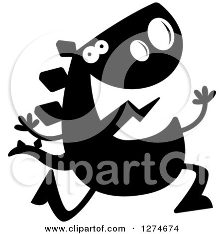 Clipart of a Black and White Silhouetted Stegosaurus Dinosaur Running - Royalty Free Vector Illustration by Cory Thoman