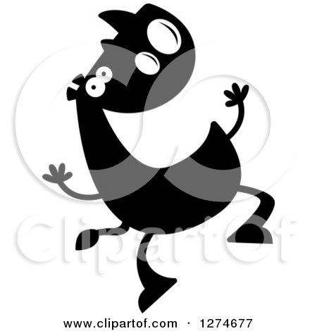 Clipart of a Black and White Silhouetted Happy Rhinoceros Jumping - Royalty Free Vector Illustration by Cory Thoman