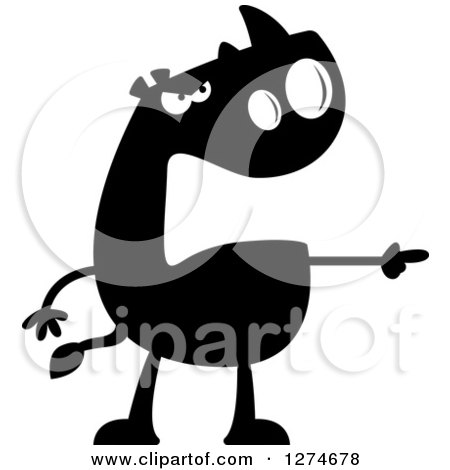 Clipart of a Black and White Silhouetted Mad Rhinoceros Pointing - Royalty Free Vector Illustration by Cory Thoman