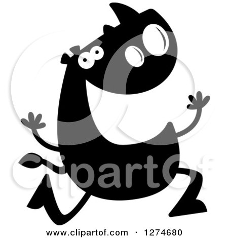 Clipart of a Black and White Silhouetted Rhinoceros Running - Royalty Free Vector Illustration by Cory Thoman