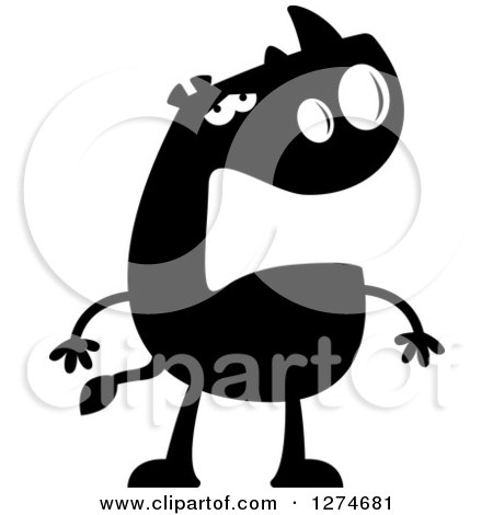 Clipart of a Black and White Silhouetted Depressed Rhinoceros - Royalty Free Vector Illustration by Cory Thoman