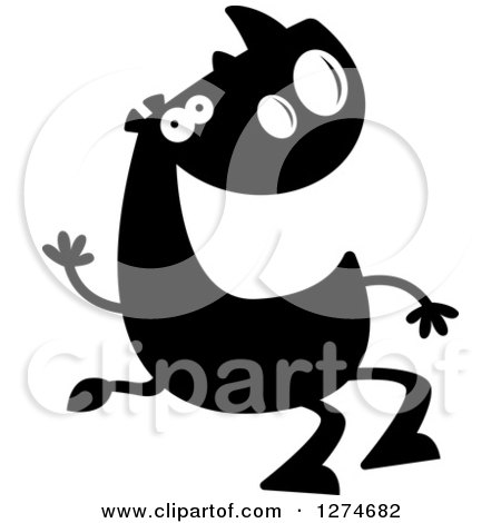 Clipart of a Black and White Silhouetted Rhinoceros Sitting and Waving - Royalty Free Vector Illustration by Cory Thoman