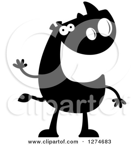 Clipart of a Black and White Silhouetted Rhinoceros Waving - Royalty Free Vector Illustration by Cory Thoman