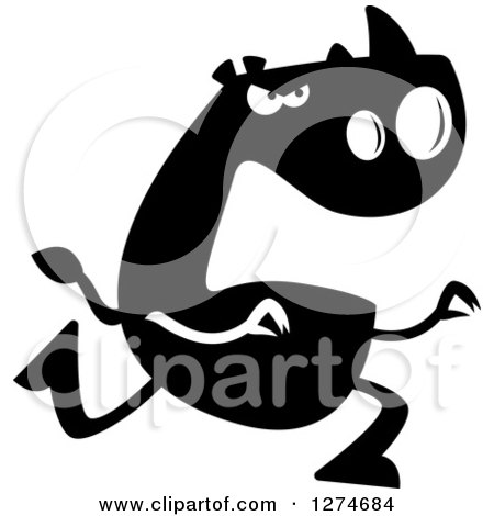 Clipart of a Black and White Silhouetted Rhinoceros Chasing - Royalty Free Vector Illustration by Cory Thoman