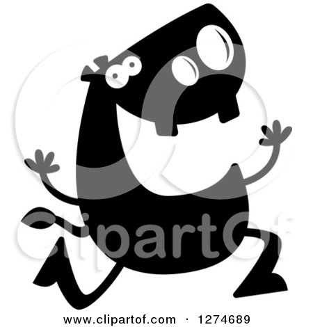 Clipart of a Black and White Silhouetted Happy Hippo Running - Royalty Free Vector Illustration by Cory Thoman