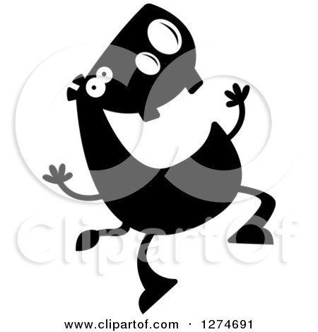 Clipart of a Black and White Silhouetted Excited Hippo Jumping - Royalty Free Vector Illustration by Cory Thoman