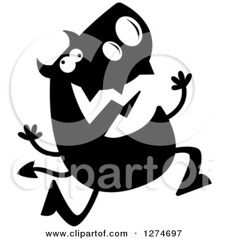 Clipart of a Black and White Silhouetted Crazy Devil Running - Royalty Free Vector Illustration by Cory Thoman