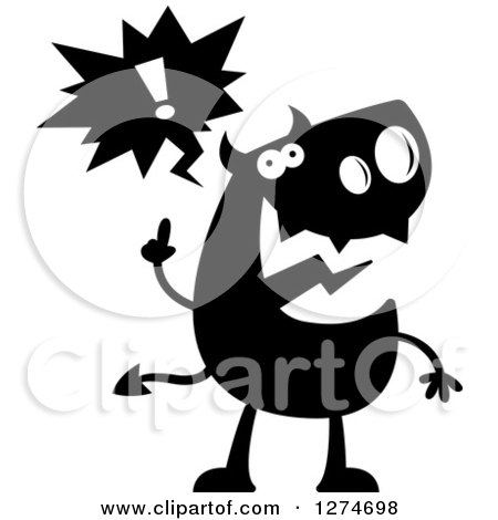 Clipart of a Black and White Silhouetted Devil with an Idea - Royalty Free Vector Illustration by Cory Thoman