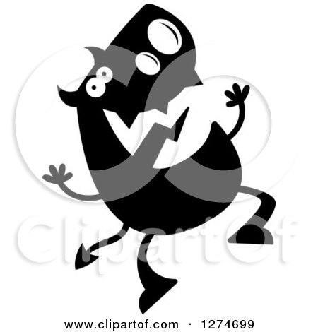 Clipart of a Black and White Silhouetted Devil Jumping - Royalty Free Vector Illustration by Cory Thoman