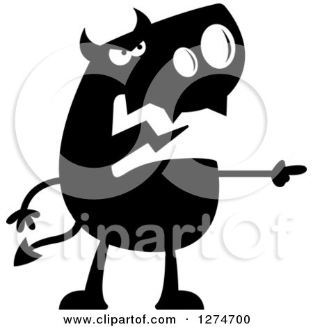 Clipart of a Black and White Silhouetted Mad Devil Pointing - Royalty Free Vector Illustration by Cory Thoman