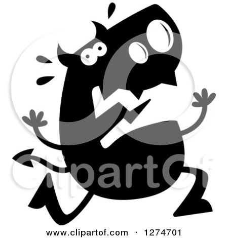 Clipart of a Black and White Silhouetted Devil Running Scared - Royalty Free Vector Illustration by Cory Thoman