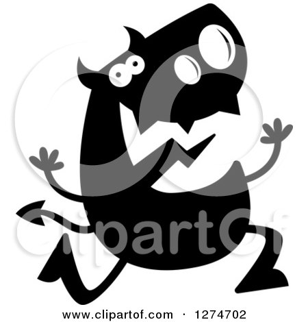Clipart of a Black and White Silhouetted Devil Running - Royalty Free Vector Illustration by Cory Thoman