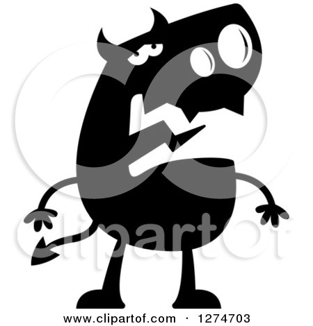 Clipart of a Black and White Silhouetted Sad Devil - Royalty Free Vector Illustration by Cory Thoman