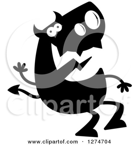 Clipart of a Black and White Silhouetted Devil Sitting and Waving - Royalty Free Vector Illustration by Cory Thoman