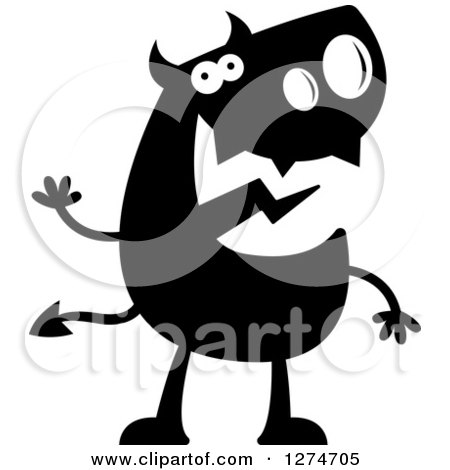 Clipart of a Black and White Silhouetted Devil Waving - Royalty Free Vector Illustration by Cory Thoman