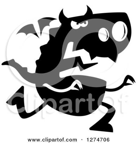 Clipart of a Black and White Silhouetted Dragon Chasing - Royalty Free Vector Illustration by Cory Thoman