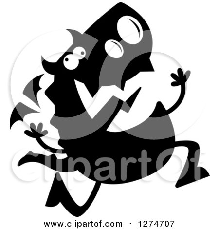 Clipart of a Black and White Silhouetted Dragon Running Crazy - Royalty Free Vector Illustration by Cory Thoman