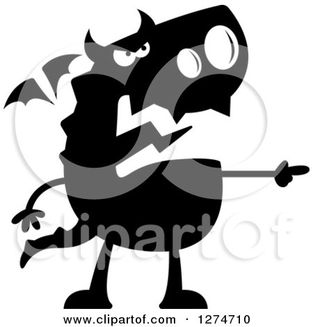 Clipart of a Black and White Silhouetted Mad Dragon Pointing - Royalty Free Vector Illustration by Cory Thoman