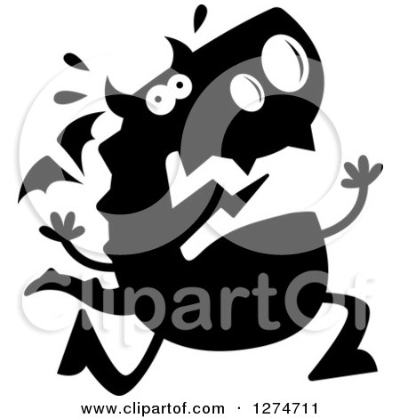 Clipart of a Black and White Silhouetted Dragon Running Scared - Royalty Free Vector Illustration by Cory Thoman