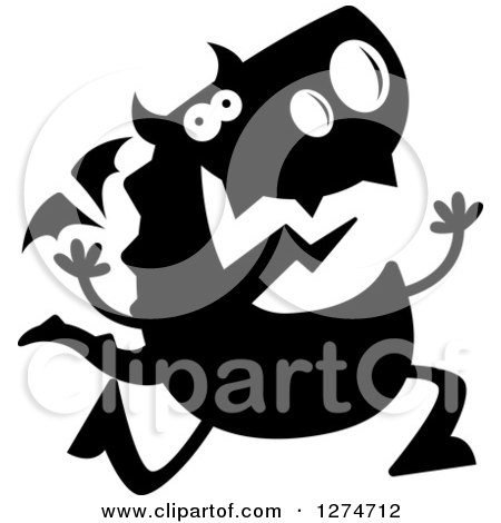 Clipart of a Black and White Silhouetted Dragon Running - Royalty Free Vector Illustration by Cory Thoman