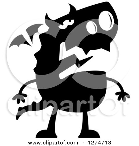 Clipart of a Black and White Silhouetted Depressed Dragon - Royalty Free Vector Illustration by Cory Thoman