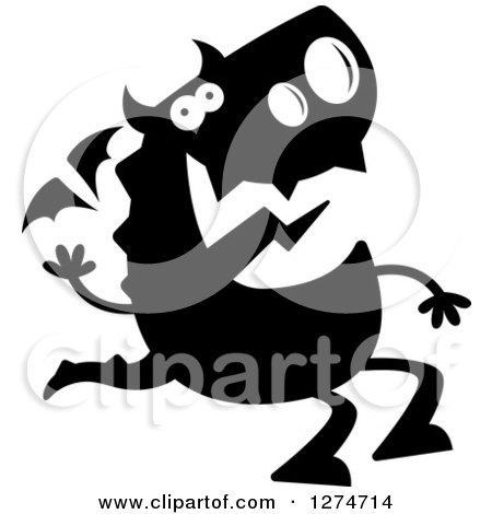 Clipart of a Black and White Silhouetted Dragon Sitting and Waving - Royalty Free Vector Illustration by Cory Thoman
