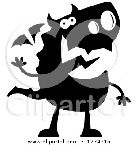 Clipart of a Black and White Silhouetted Dragon Waving - Royalty Free Vector Illustration by Cory Thoman