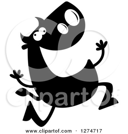 Clipart of a Black and White Silhouetted Bull Running Crazy - Royalty Free Vector Illustration by Cory Thoman