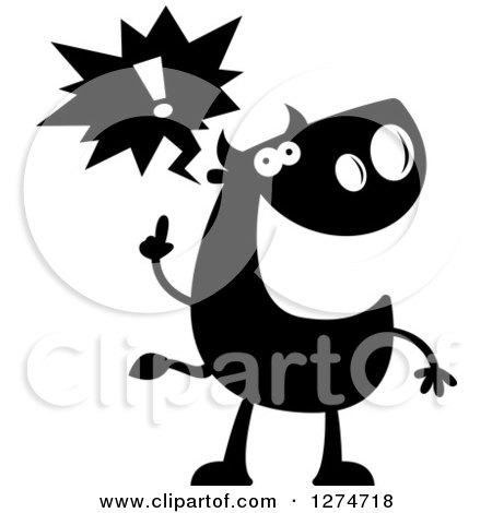 Clipart of a Black and White Silhouetted Bull with an Idea - Royalty Free Vector Illustration by Cory Thoman