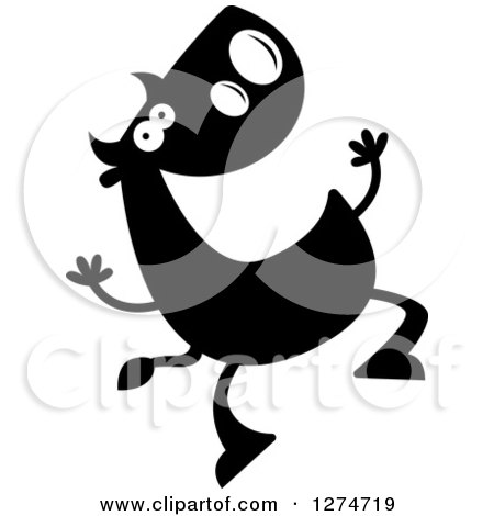 Clipart of a Black and White Silhouetted Bull Jumping - Royalty Free Vector Illustration by Cory Thoman