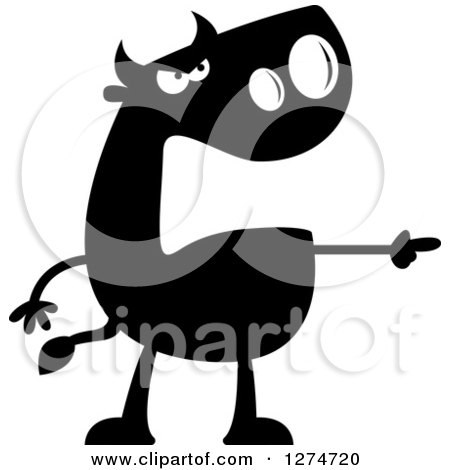 Clipart of a Black and White Mad Silhouetted Bull Pointing - Royalty Free Vector Illustration by Cory Thoman