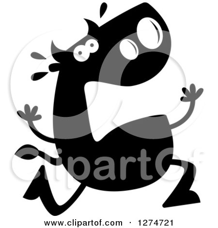 Clipart of a Black and White Silhouetted Scared Bull Running - Royalty Free Vector Illustration by Cory Thoman