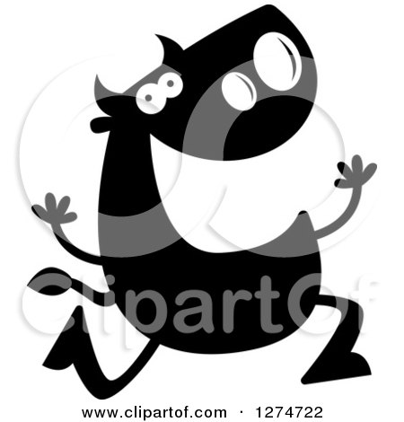 Clipart of a Black and White Silhouetted Happy Bull Running - Royalty Free Vector Illustration by Cory Thoman