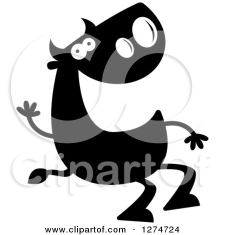 Clipart of a Black and White Silhouetted Friendly Bull Sitting and Waving - Royalty Free Vector Illustration by Cory Thoman
